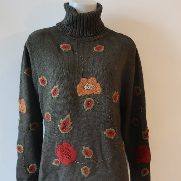 Womens Carlisle Olive Green Floral Silk Cotton Cashmere Turtleneck Sweater XL * - Picture 3 of 8